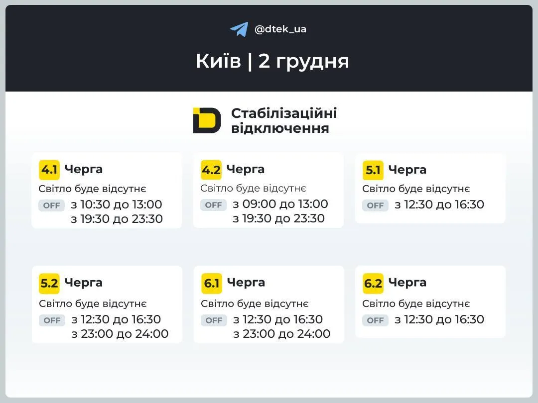 Киев: графики отключений на 2 декабря.