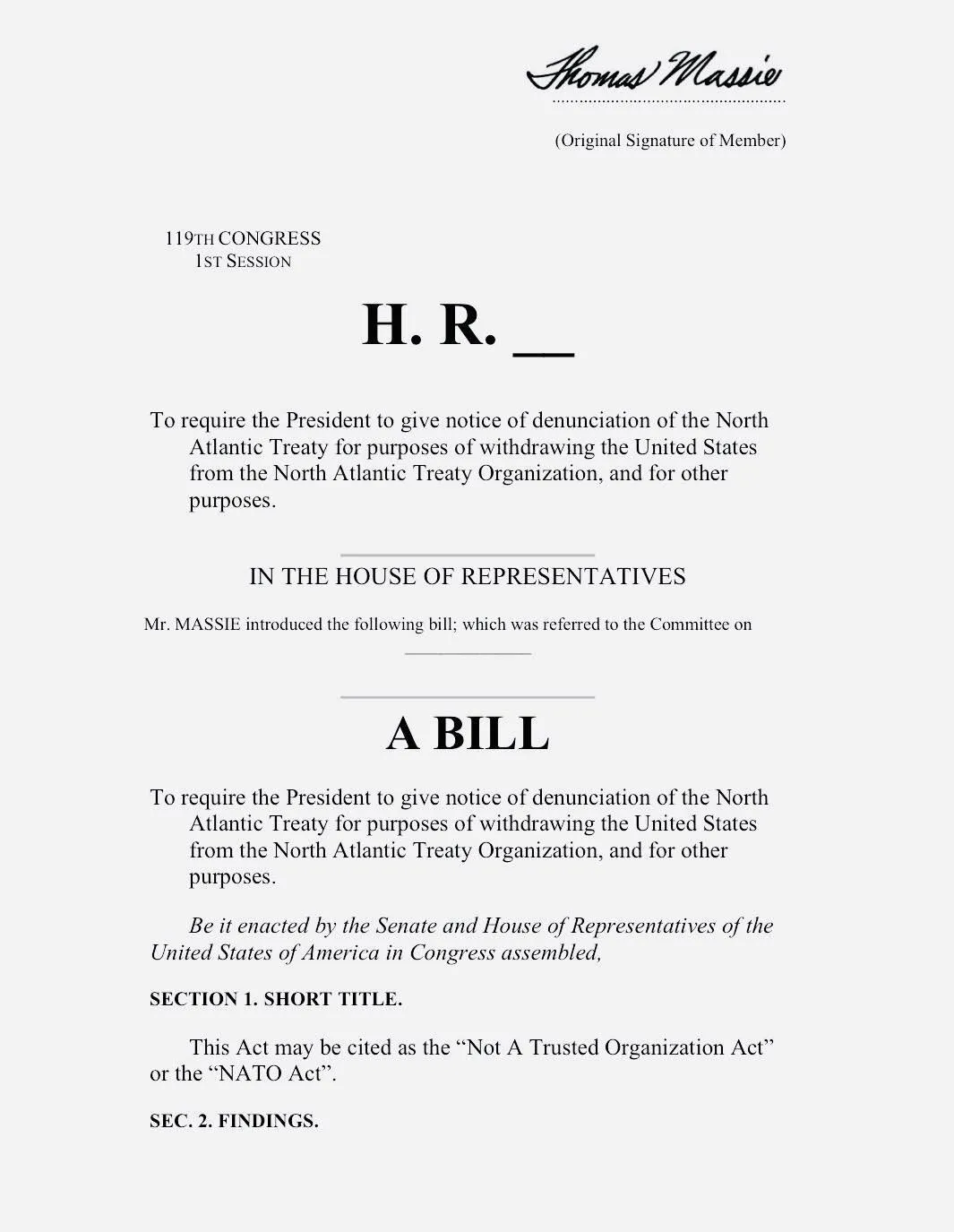 "Пережиток холодной войны": конгрессмен-республиканец Томас Масси представил законопроект о выходе США из НАТО