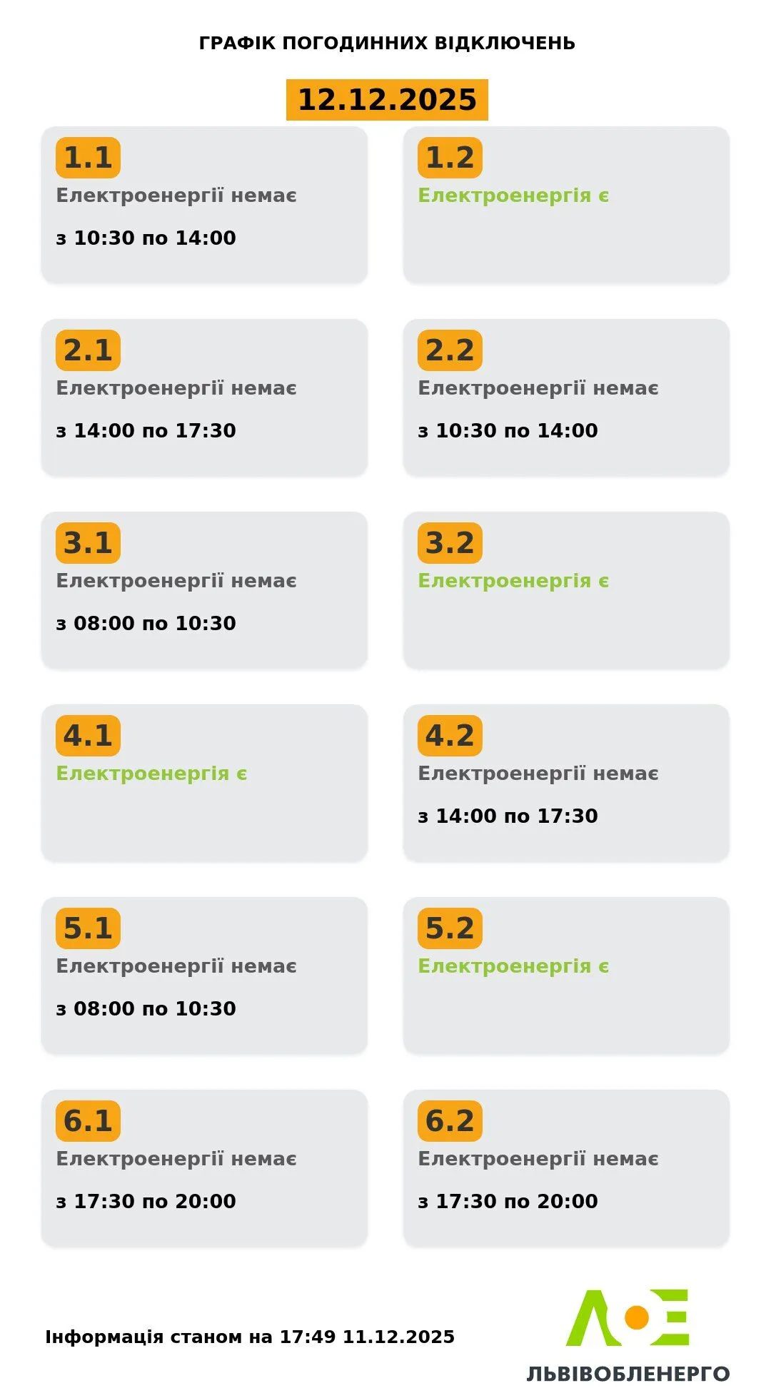 Графік відключення електроенергії у Львівській області
