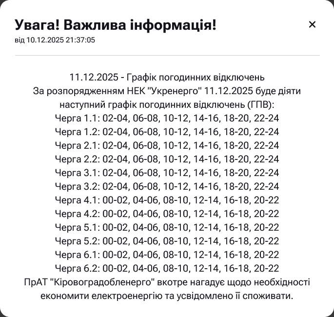 У Кіровоградській області графіки діють для всіх груп без винятку.