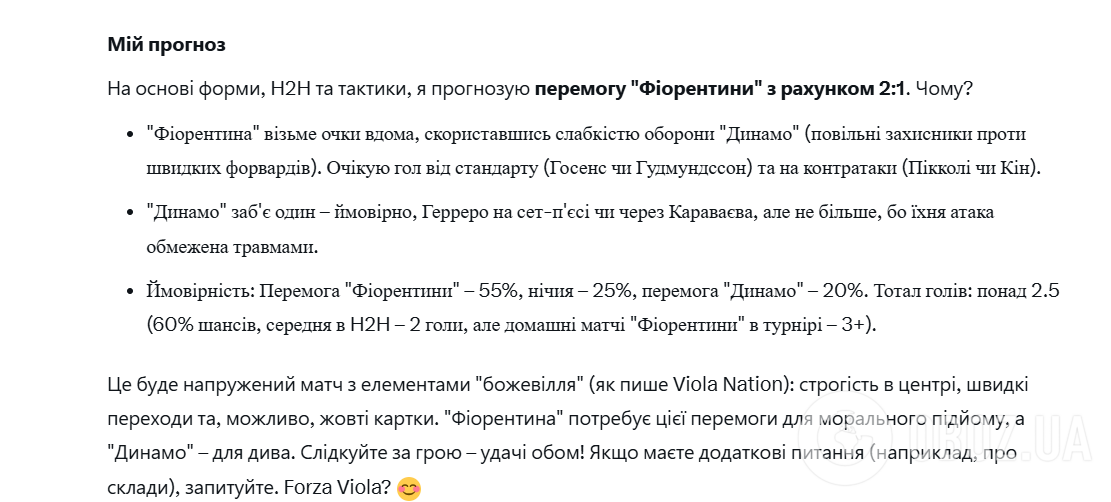 Искусственный интеллект назвал точный счет матча "Фиорентина" – "Динамо" в Лиге конференций