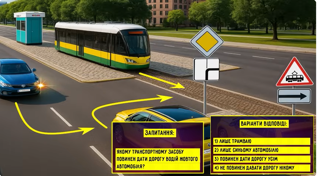 Кому должен уступить дорогу водитель желтого авто? Тест на знание ПДД