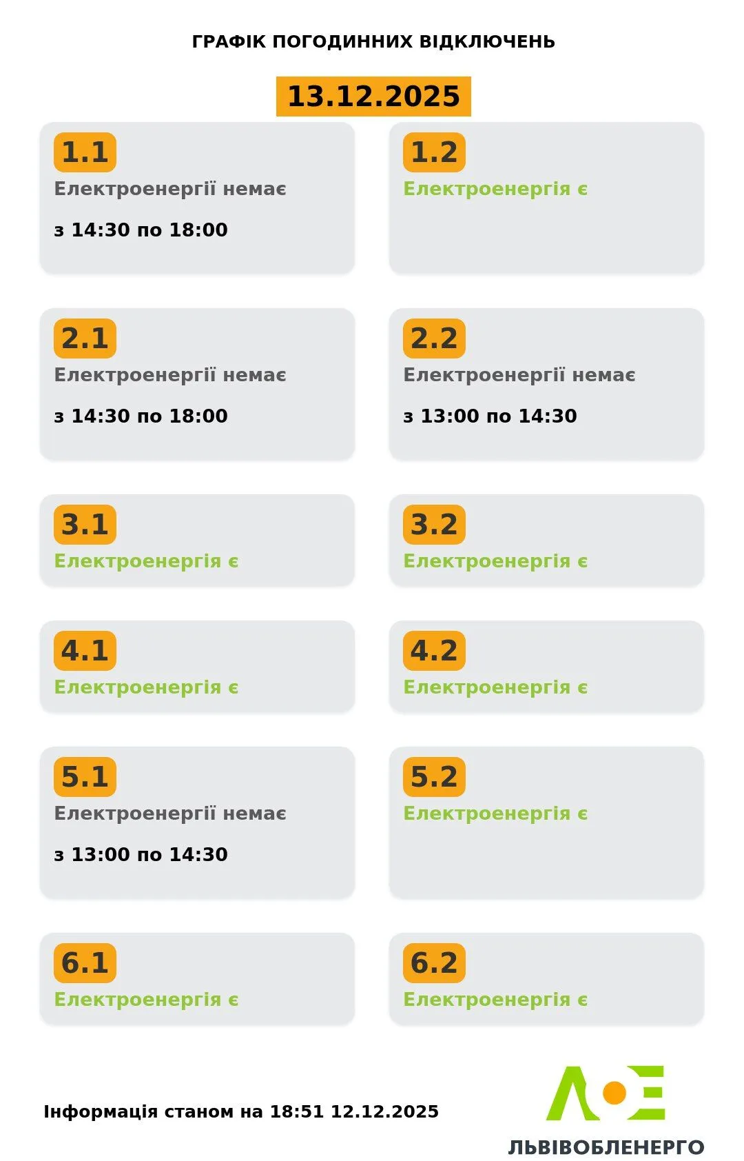 Графік відключення електроенергії у Львові та області