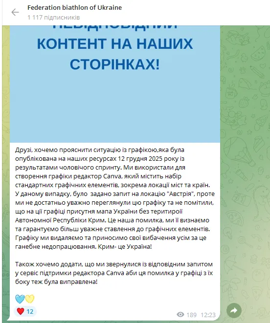 Федерация биатлона Украины опубликовала карту Украины без Крыма и объяснила почему. Фотофакт