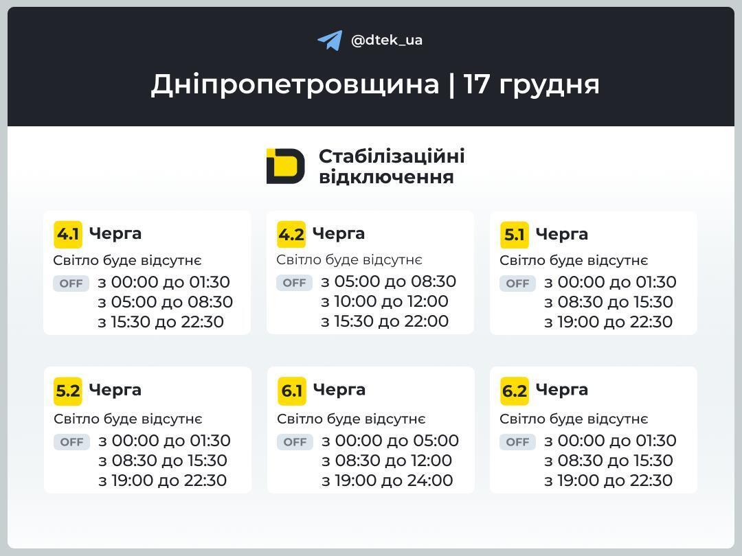 Графік відключення електроенергії в Дніпрі та області