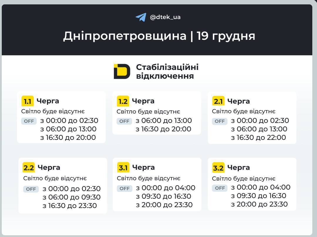 Графік вимкнення електроенергії в Дніпрі та області