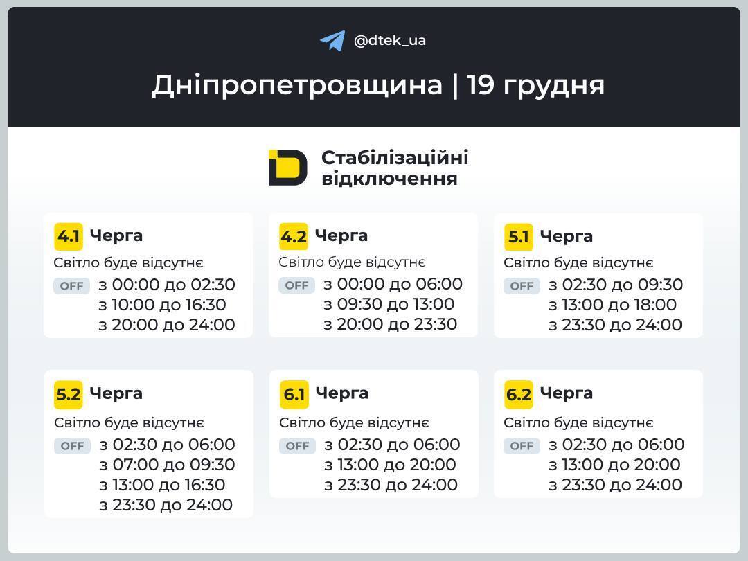 Графік вимкнення електроенергії в Дніпрі та області