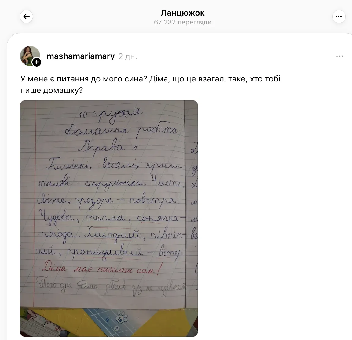 "Діма має писати сам!" Мережу спантеличила реакція вчительки на домашнє завдання