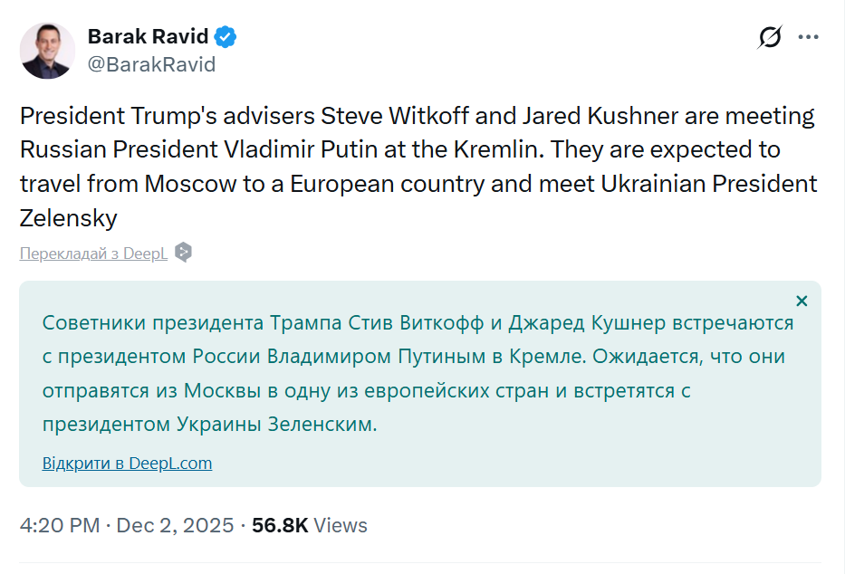 Віткофф і Кушнер після зустрічі з Путіним поїдуть до Зеленського – Axios
