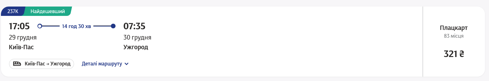 Ціни на плацкартні квитки поїздів