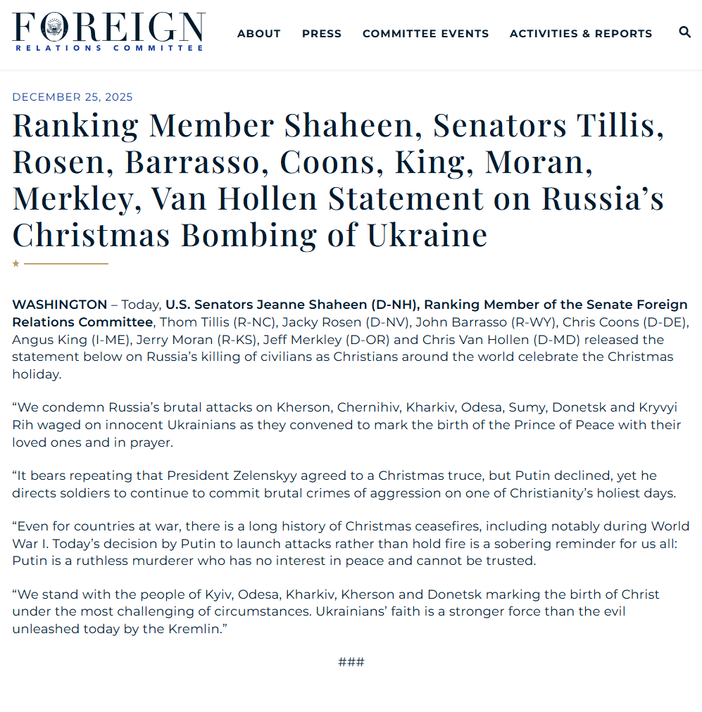 "Путін – безжалісний вбивця": у Сенаті США засудили російські удари по Україні на Різдво