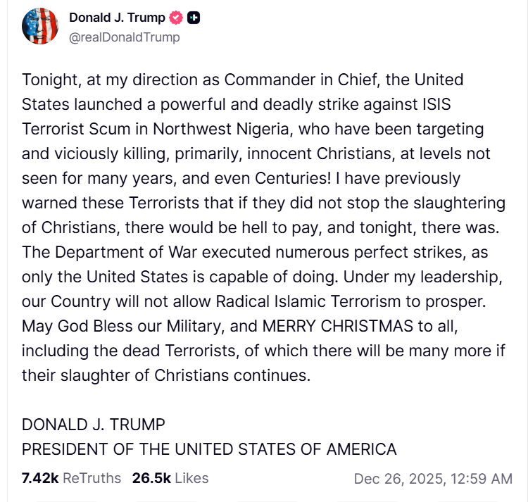 "Ранее предупреждал": Трамп заявил, что США нанесли удары по ИГИЛ в Нигерии