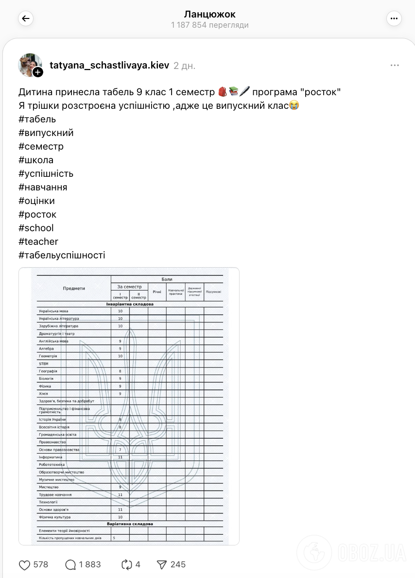 "Відчепіться від дитини з вашим комплексом відмінниці!" Українці поставили на місце "засмучену" маму 9-класниці, яка виклала в мережу її табель