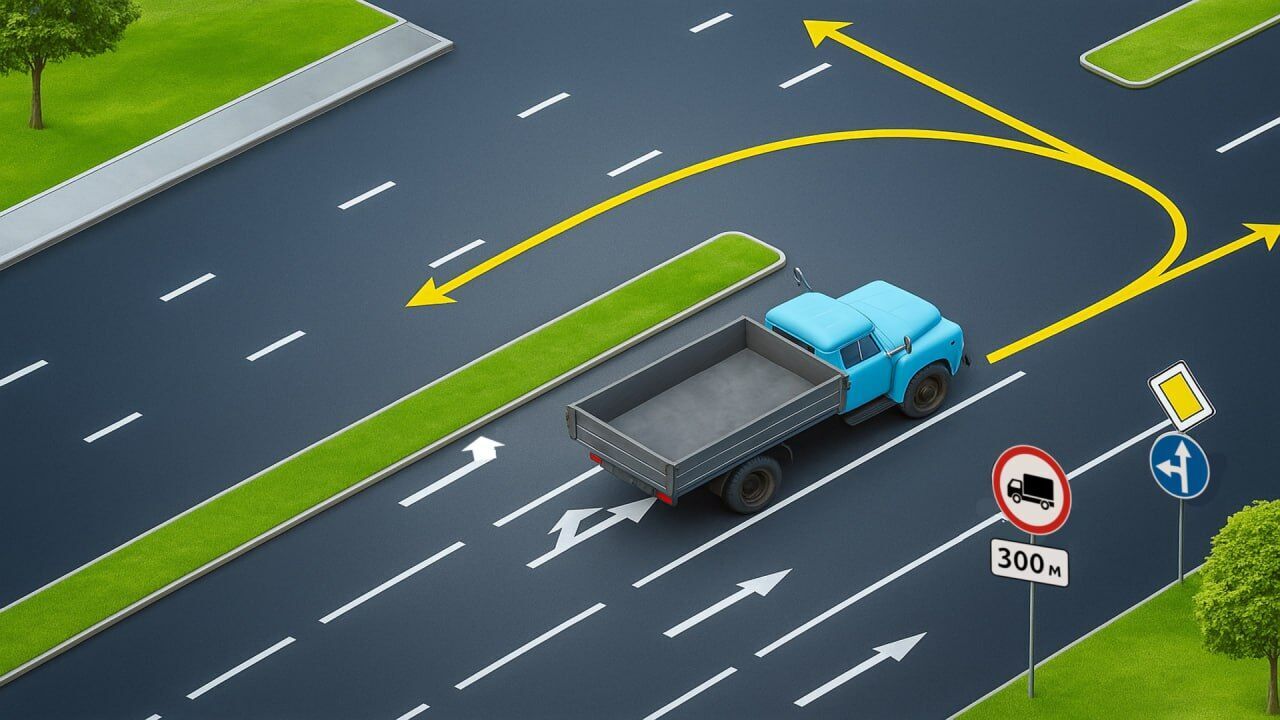 Куда разрешается проехать водителю грузовика? Задание по ПДД