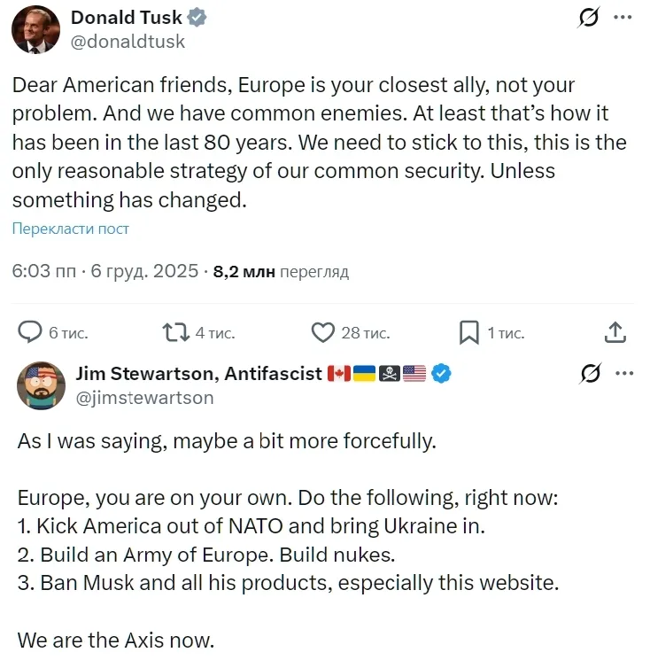 "Не ваша проблема": Туск эмоционально отреагировал на стратегию безопасности США