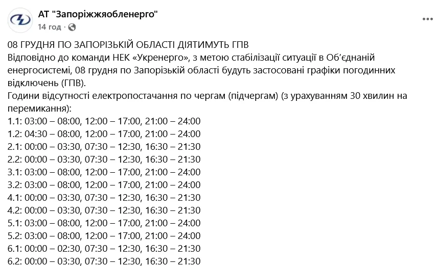 У Запорізькій області кожну групу за добу відключать по 3 рази