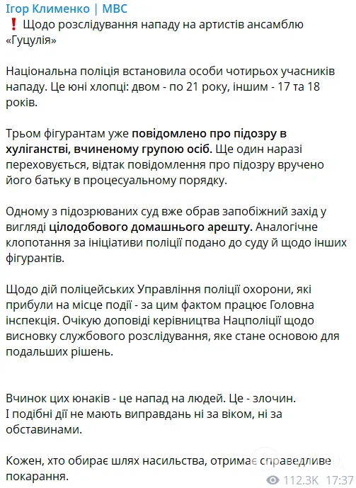 "Подібні дії не мають виправдань": Нацполіція встановила особи чотирьох учасників нападу на ансамбль "Гуцулія"