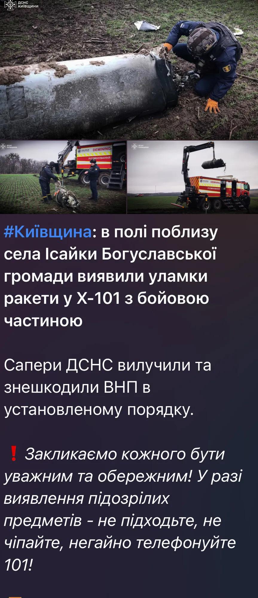 На Киевщине обнаружили обломки ракеты Х-101 с боевой частью