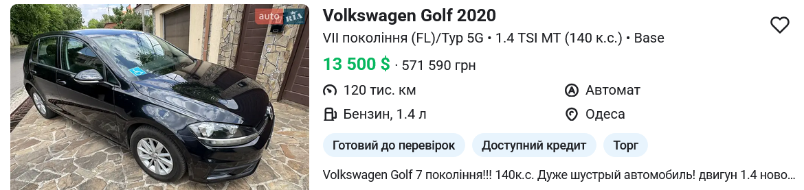 Скільки коштує б/в VOLKSWAGEN Golf
