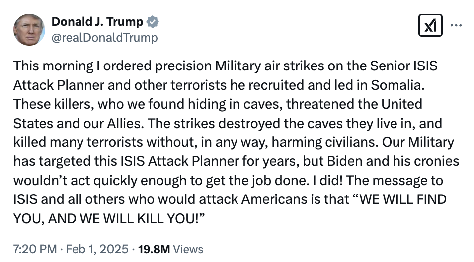 "Мы найдем и убьем вас": Трамп приказал нанести авиаудары по объектам террористов ИГИЛ в Сомали