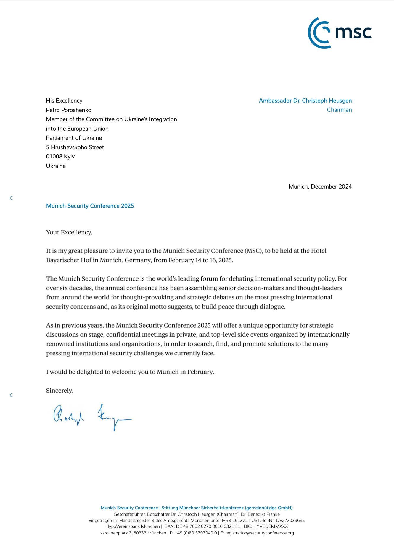 Порошенко примет участие в Мюнхенской конференции безопасности