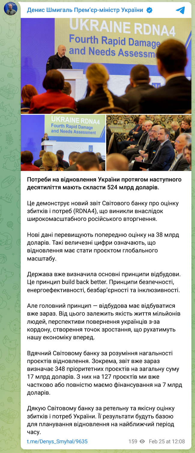Сума, потрібна Україні для відновлення від повномасштабної війни, зросла до 524 млрд доларів