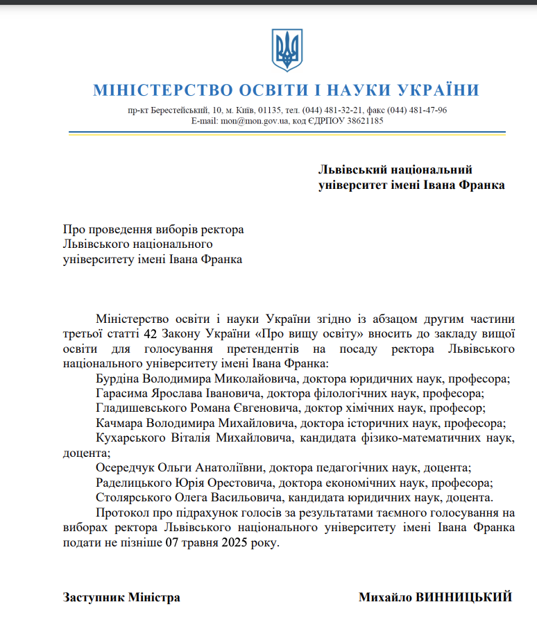 Вибори ректора ЛНУ імені Івана Франка: оприлюднено список кандидатів на посаду