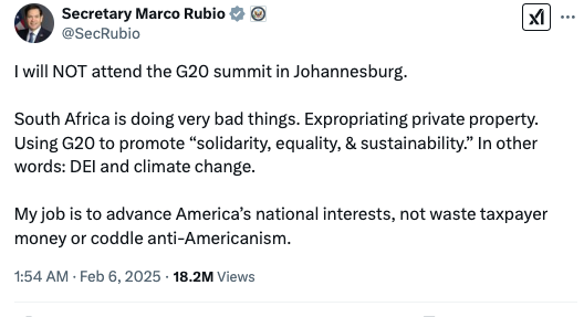 "Южная Африка делает очень плохие вещи": Рубио объявил, что не поедет на встречу G20 в ЮАР