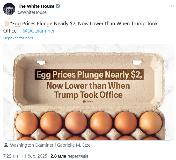 У Трампа доводять, що яйця в США подешевшали