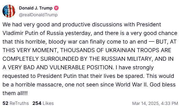 Трамп про переговори з Путіним щодо закінчення війни