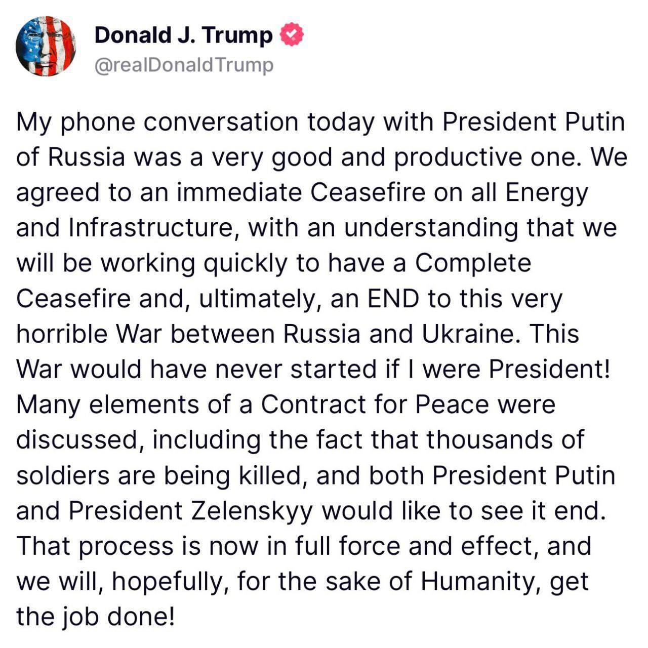 "Домовились про негайне припинення вогню по всій енергетиці": Трамп назвав розмову з Путіним "гарною і продуктивною"

