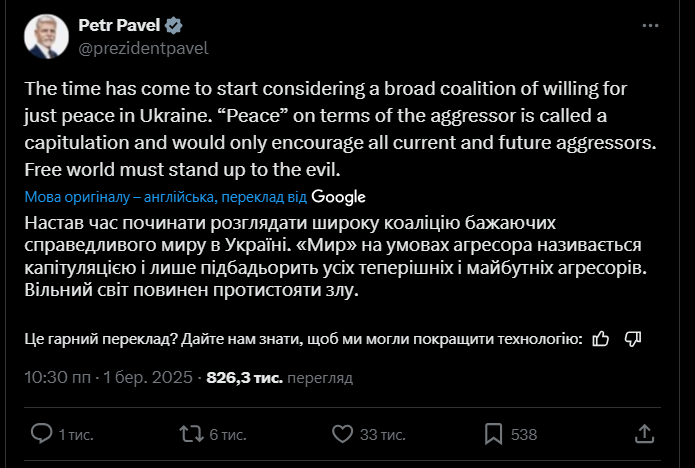 Президент Чехії: час створювати коаліцію країн – прихильниць справедливого миру в Україні