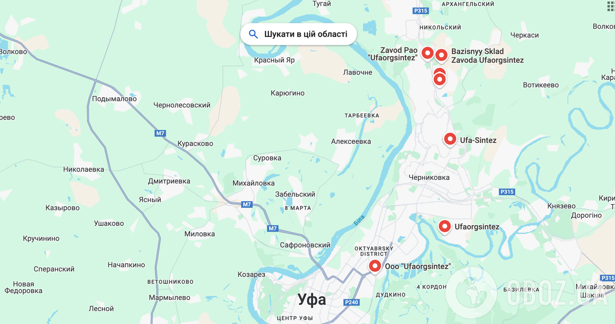 Расположение заводов и предприятий "Уфаоргсинтез" в Уфе