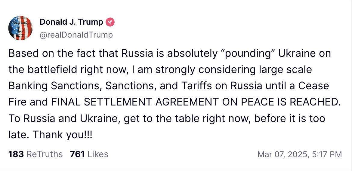 "Договаривайтесь, пока не поздно": Трамп пригрозил России "большими банковскими санкциями"