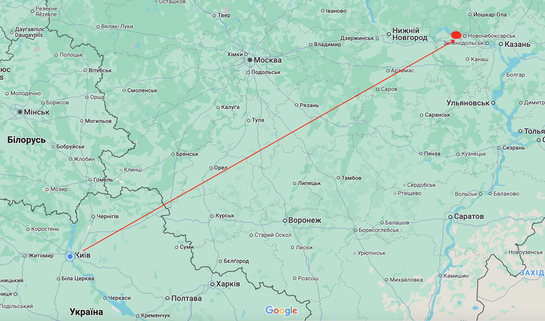 Чебоксары на карте Google – расстояние от Киева