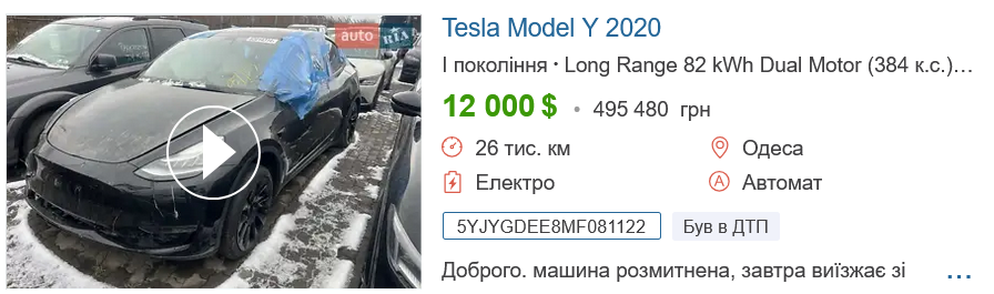 Скільки коштує б/в TESLA Model Y в Україні.