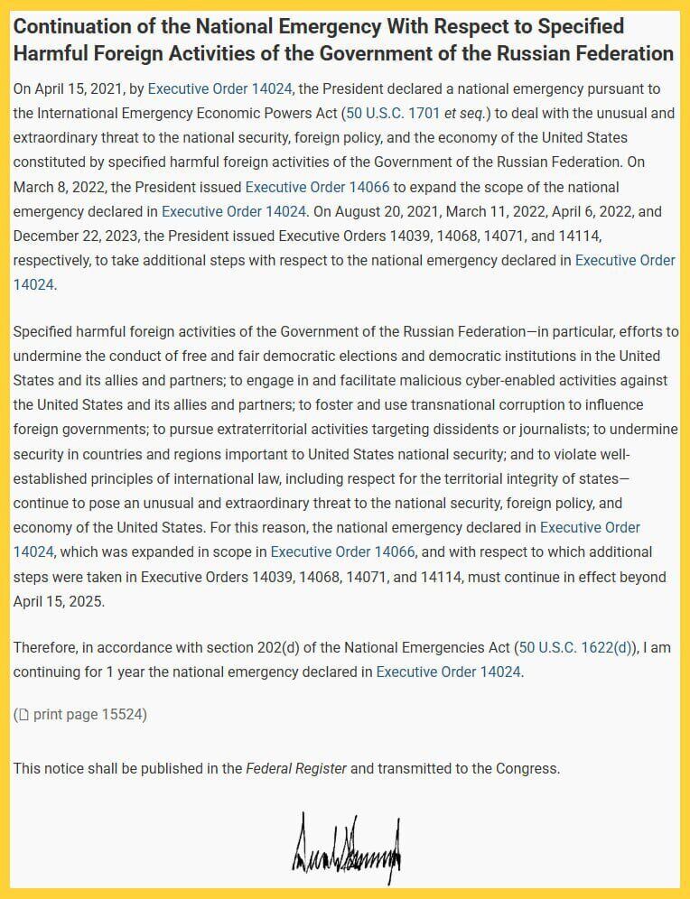 Трамп продовжив на рік санкції проти Росії, запроваджені Байденом: на що вони поширюються
