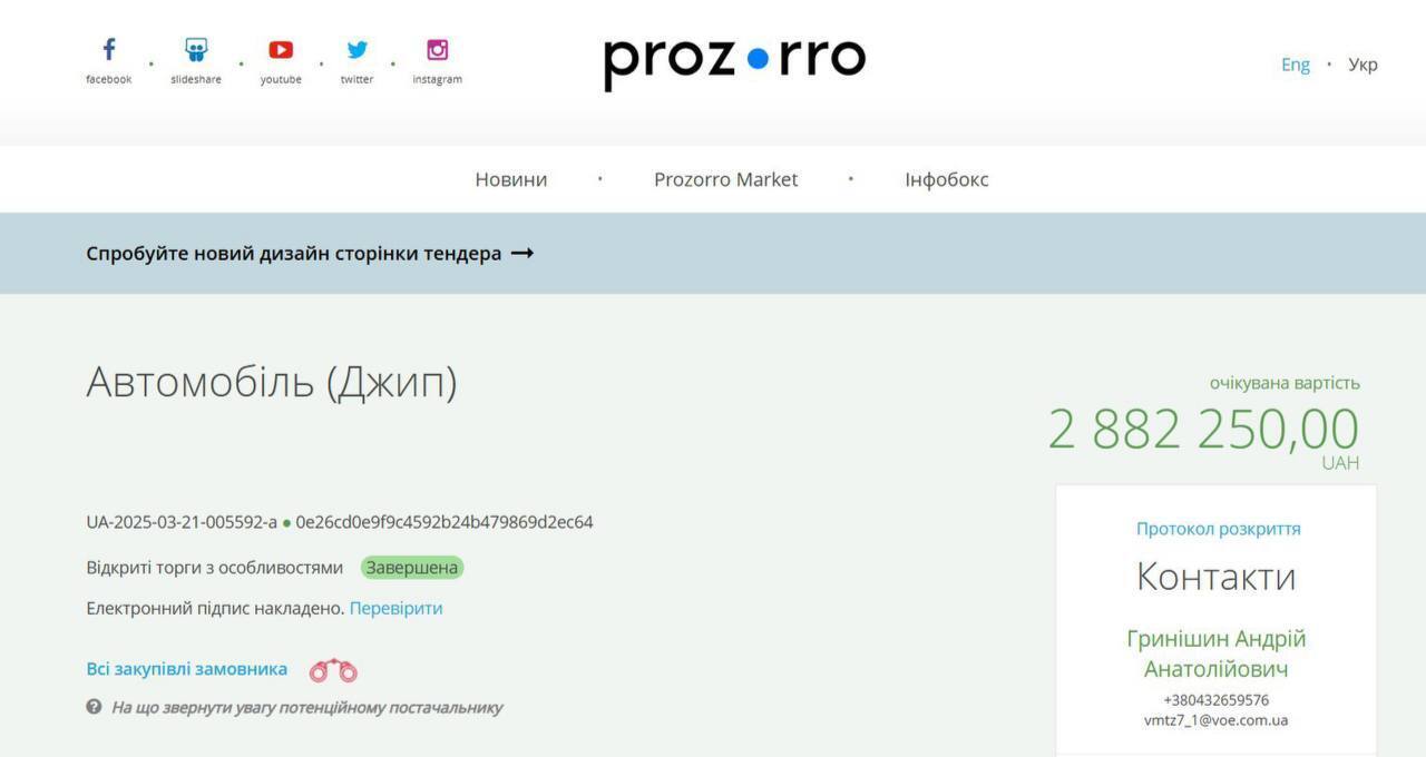 "Винницаоблэнерго" заказало элитный Jeep