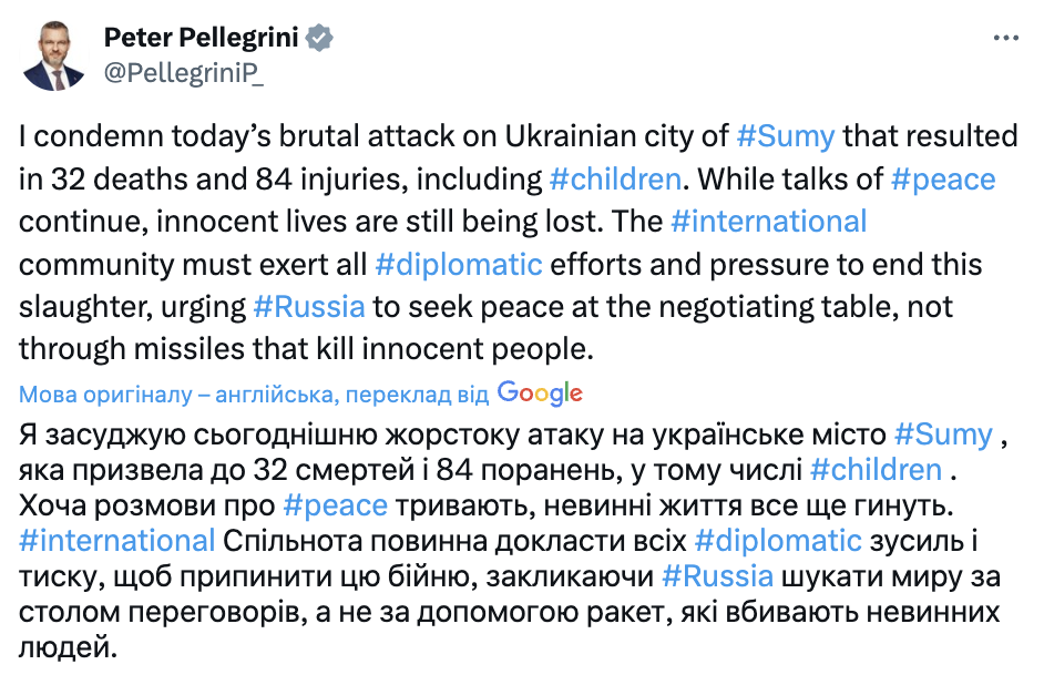 Парламент Словаччини відмовився засудити Росію за ракетні удари по Сумах і Кривому Рогу
