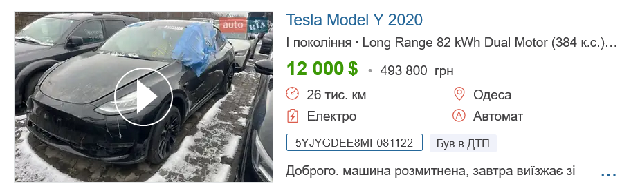 Скільки коштує б/в TESLA Model Y в Україні.