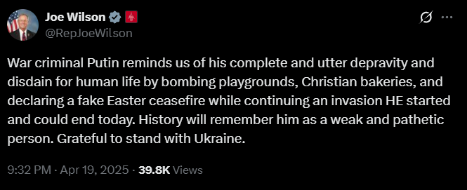 "Воєнний злочинець": конгресмен США різко висловився про "великоднє перемир'я" Путіна