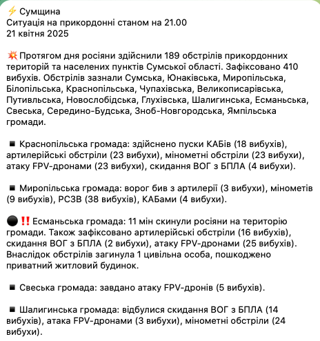 Прогремело более 400 взрывов: россияне почти 200 раз за сутки обстреляли Сумщину и убили человека