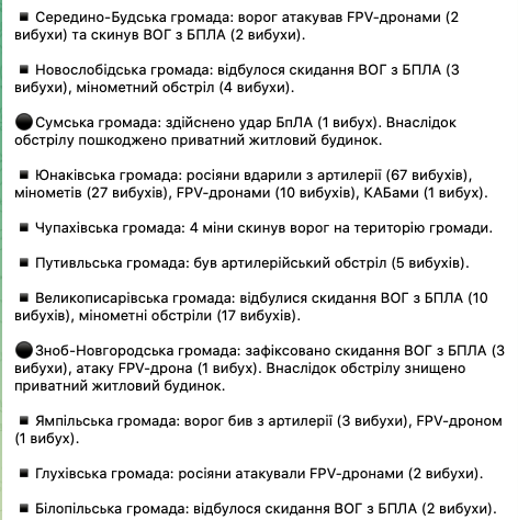 Прогремело более 400 взрывов: россияне почти 200 раз за сутки обстреляли Сумщину и убили человека