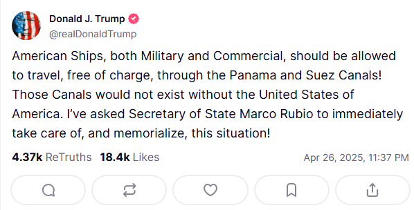 "Немедленно!": Трамп хочет, чтобы корабли США бесплатно проходили по Панамскому и Суэцкому каналам