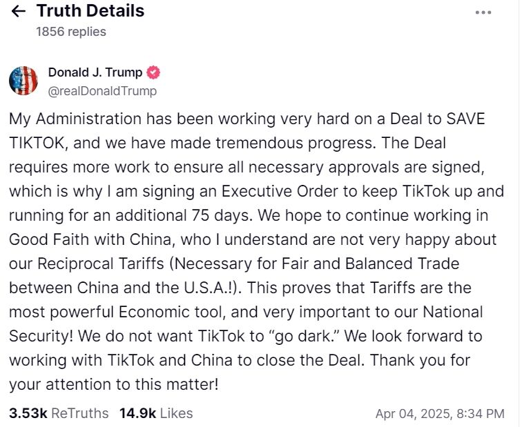 "Достигли огромного прогресса": Трамп снова отложил запрет TikTok на 75 дней