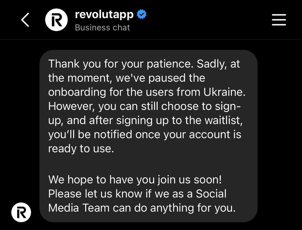Revolut про зупинення реєстрації українців