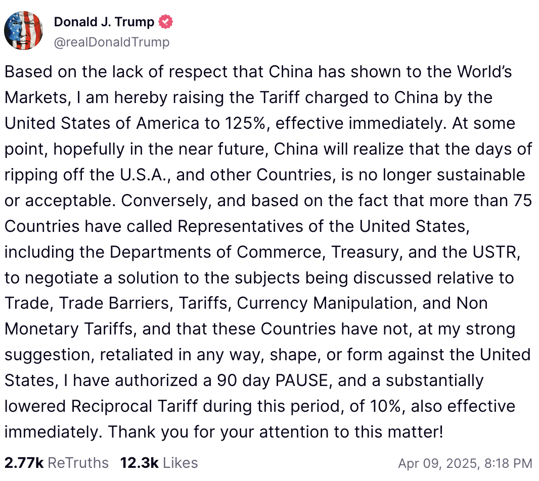 Трамп объявил 90-дневную паузу на новые тарифы для всех стран, кроме одной: какие условия получил Китай