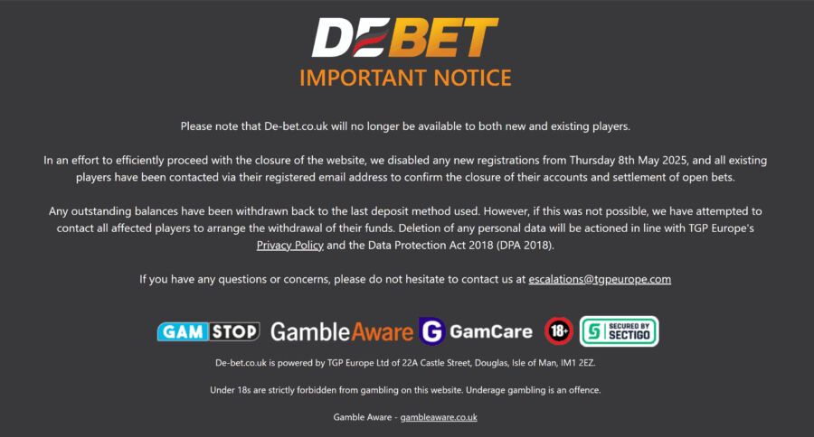 Уведомление о De-bet.co.uk, которая действовала по лицензии Европейской комиссии по азартным играм TGP