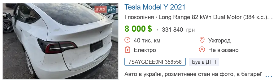 Скільки коштує б/в TESLA Model Y