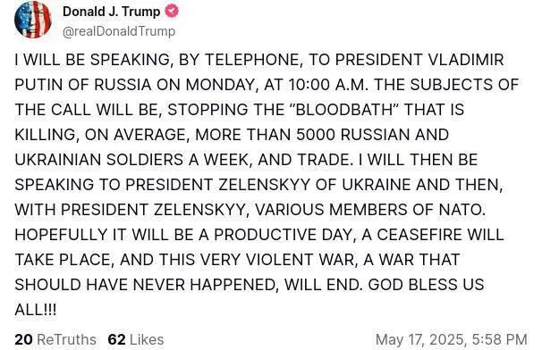 "Буде продуктивний день": Трамп анонсував розмову з Путіним і Зеленським та розкрив деталі